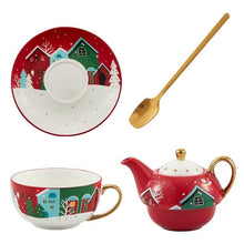 Charger l'image dans la galerie, Service à thé de Noël en céramique blanche avec motifs dorés festifs, comprenant théière, tasse, soucoupe et cuillère.