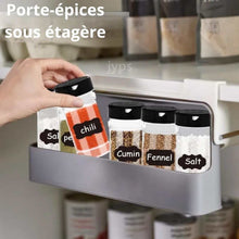 Charger l'image dans la galerie, Organisateur d'épices mural sous étagère avec compartiment coulissant pour 7 pots, installation facile sans perçage.