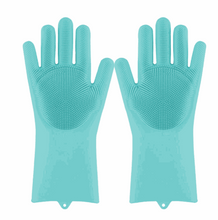 Charger l'image dans la galerie, Paire de gants de vaisselle en silicone bleu avec brosses intégrées pour nettoyage et protection des mains.