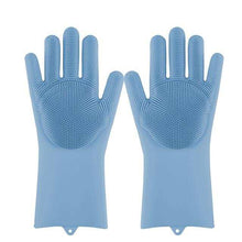 Charger l'image dans la galerie, Gants de vaisselle en silicone bleu avec brosse intégrée pour nettoyage efficace et résistant à la chaleur.