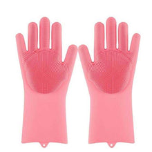 Charger l'image dans la galerie, Gants de vaisselle en silicone rose avec brosses intégrées pour nettoyage efficace et multi-usages.